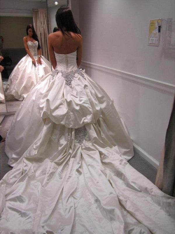 Ball Cathedral Sweetheart Sleeveless Satin Ruffles Gown Train Wedding Dresses