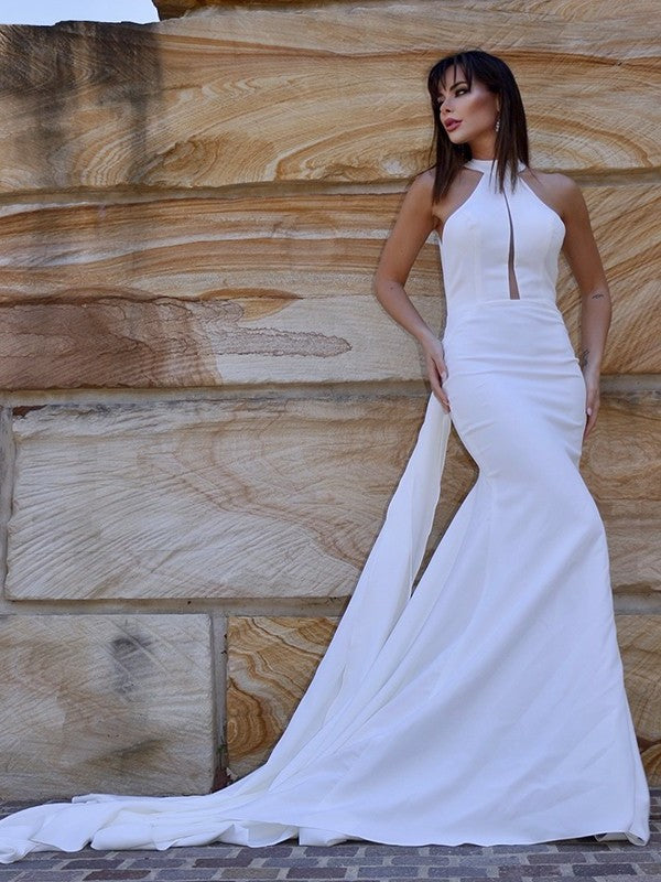 Ruffles Trumpet/Mermaid Crepe Court Stretch Sleeveless Halter Train Wedding Dresses