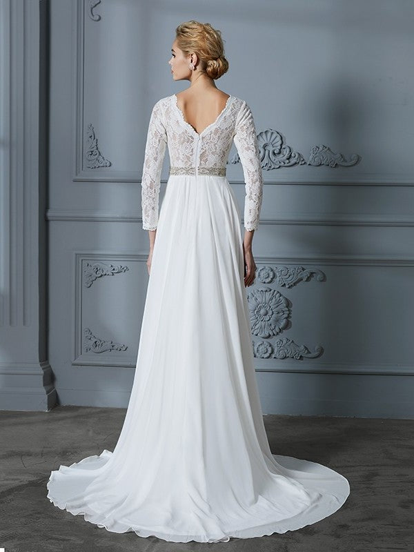 Lace V-neck Sweep/Brush A-Line/Princess Train Sleeves 3/4 Chiffon Wedding Dresses