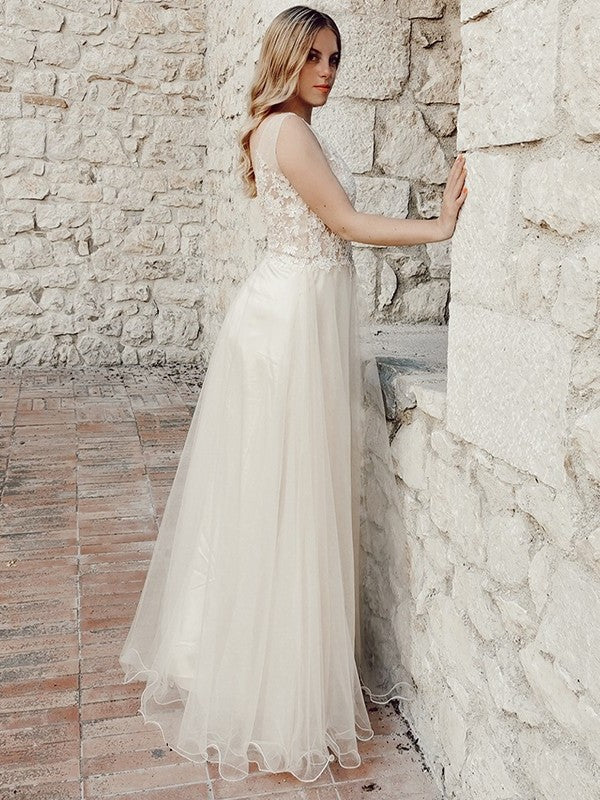 A-Line/Princess Tulle Applique Sleeveless V-neck Floor-Length Dresses