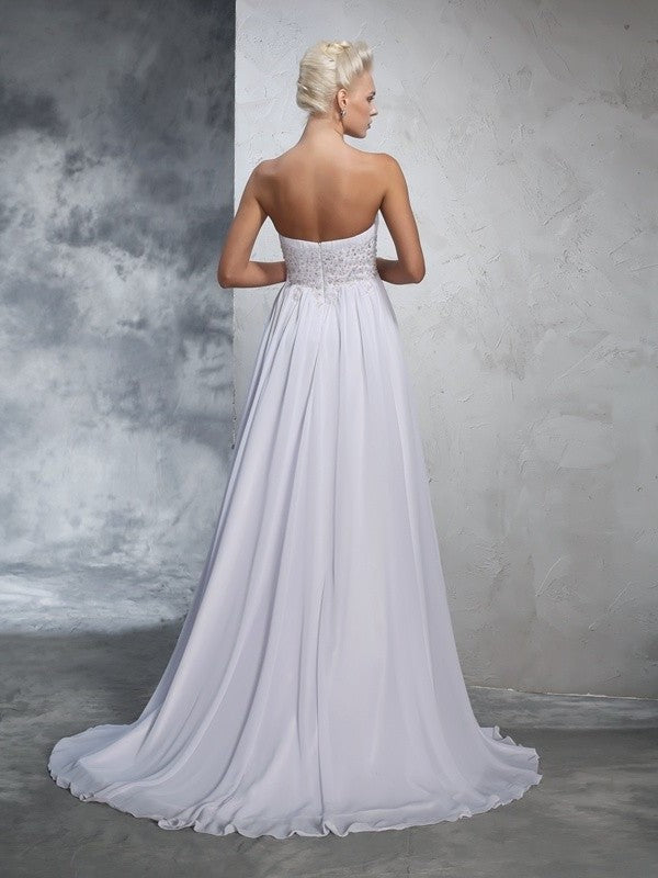 A-Line/Princess Sweetheart Beading Long Sleeveless Chiffon Wedding Dresses