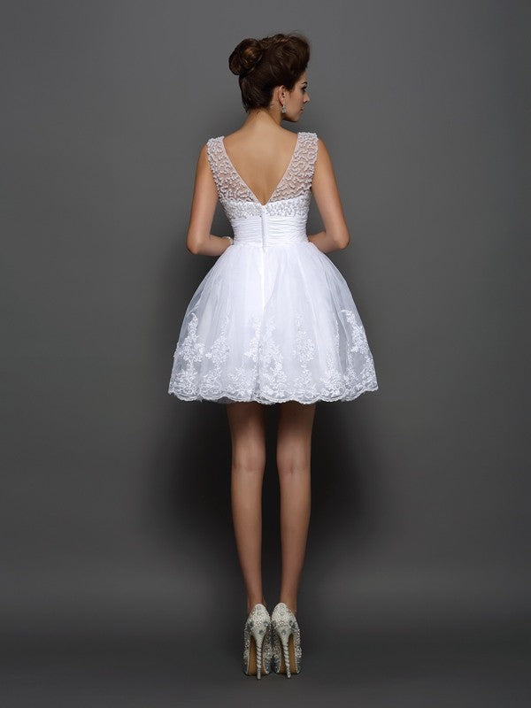 A-Line/Princess Bateau Pearls Sleeveless Short Elastic Woven India Satin Cocktail Homecoming Dresses Dresses