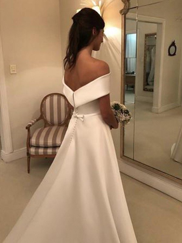 Ruffles Sweep/Brush Off-the-Shoulder Train Sleeveless A-Line/Princess Satin Wedding Dresses