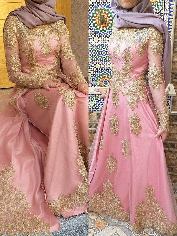 A-Line/Princess Applique Long Scoop Floor-Length Sleeves Tulle Muslim Dresses