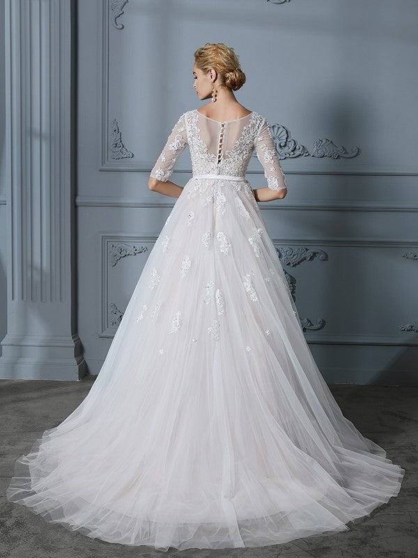 Gown 1/2 Lace Train V-neck Ball Sleeves Court Tulle Wedding Dresses