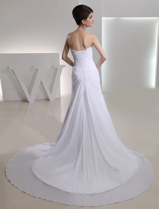 Pleated Beading Sleeveless A-Line/Princess Strapless Chiffon Wedding Dresses