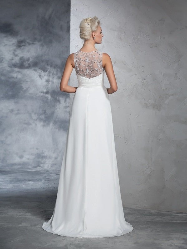 V-neck Ruched Long Sleeveless A-Line/Princess Chiffon Wedding Dresses