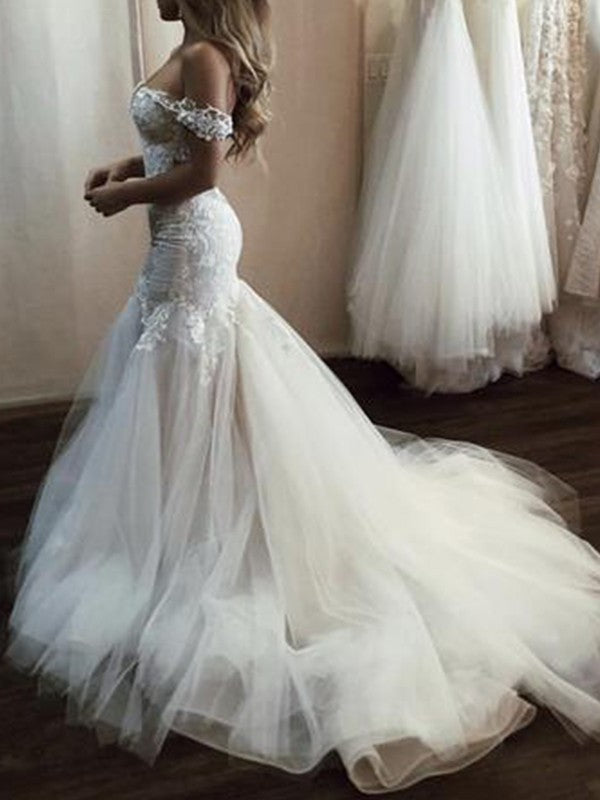 Sweep/Brush Trumpet/Mermaid Tulle Sleeveless Off-the-Shoulder Applique Train Wedding Dresses