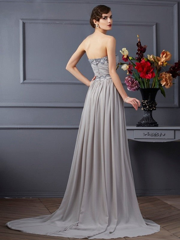 Sweetheart Sleeveless A-Line/Princess Pleats Beading Long Chiffon Dresses