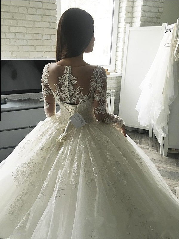 Long Sleeves Tulle Court Scoop Ball Applique Gown Train Wedding Dresses