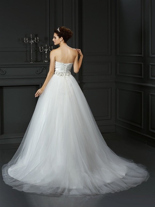 Ball Beading Gown Long Sleeveless Sweetheart Net Wedding Dresses