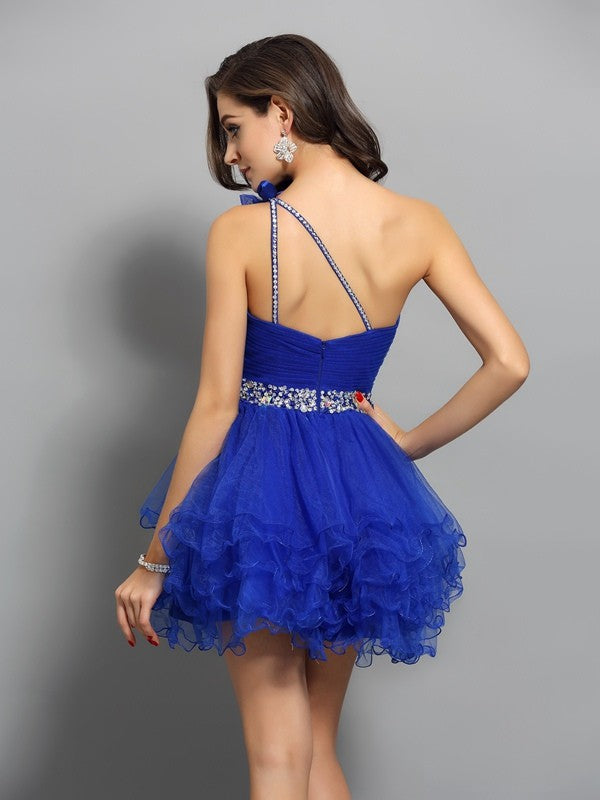 A-Line/Princess One-Shoulder Homecoming Dresses Beading Sleeveless Short Organza Felicity Cocktail Dresses