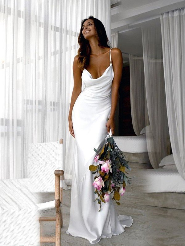 Silk like Sweep/Brush Satin Ruched Spaghetti Straps Train Sheath/Column Sleeveless Wedding Dresses