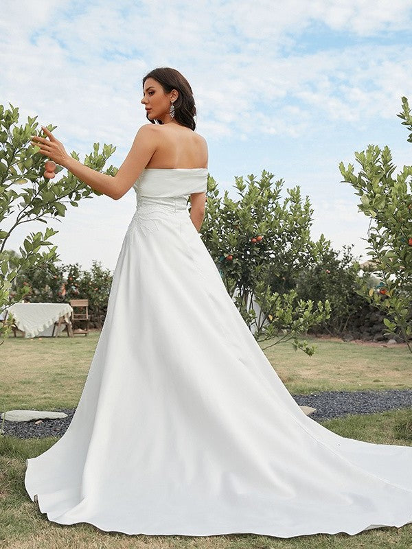 Sweep/Brush Sleeveless Strapless Satin A-Line/Princess Ruched Train Wedding Dresses