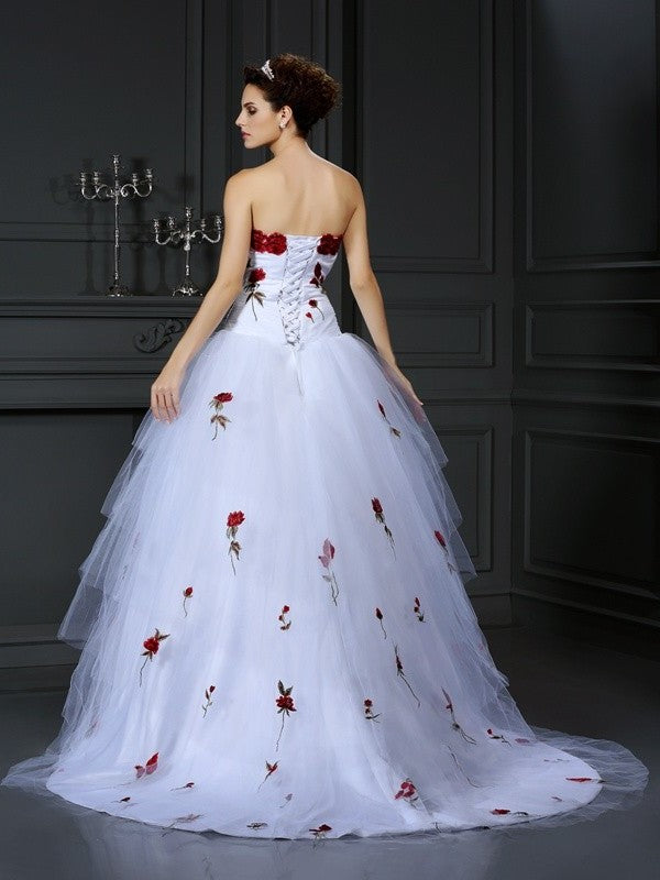 Long Strapless Sleeveless Hand-Made Ball Gown Flower Tulle Wedding Dresses