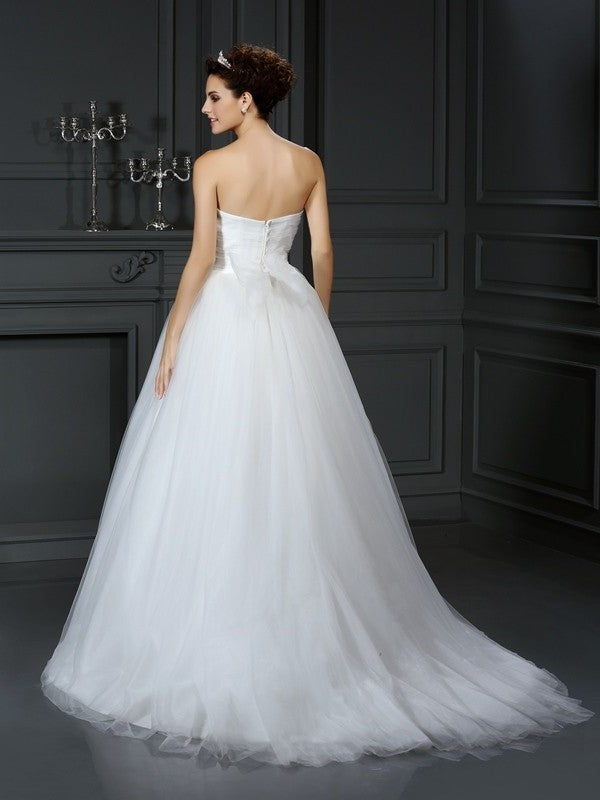 Beading Gown Sweetheart Sleeveless Long Ball Net Wedding Dresses