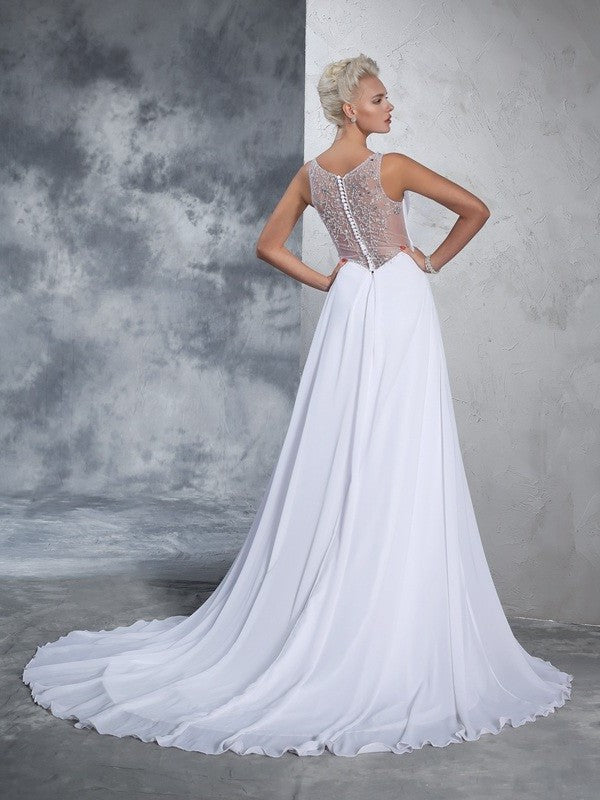 Sleeveless V-neck A-Line/Princess Long Beading Chiffon Wedding Dresses