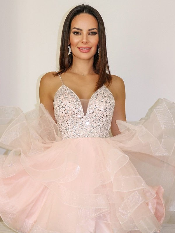 Organza Spaghetti Straps Sleeveless A-Line/Princess Beading Short/Mini Homecoming Dresses