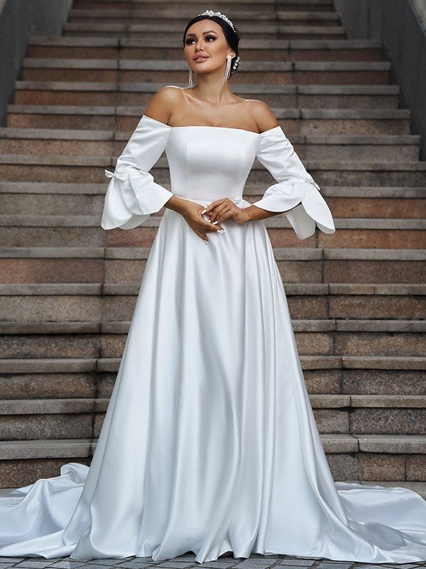 Charmeuse Off-the-Shoulder Ruffles A-Line/Princess 3/4 Sweep/Brush Sleeves Train Wedding Dresses