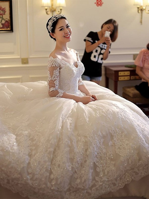 Applique 3/4 Sleeves Train Off-the-Shoulder Beading Cathedral Ball Gown Tulle Wedding Dresses