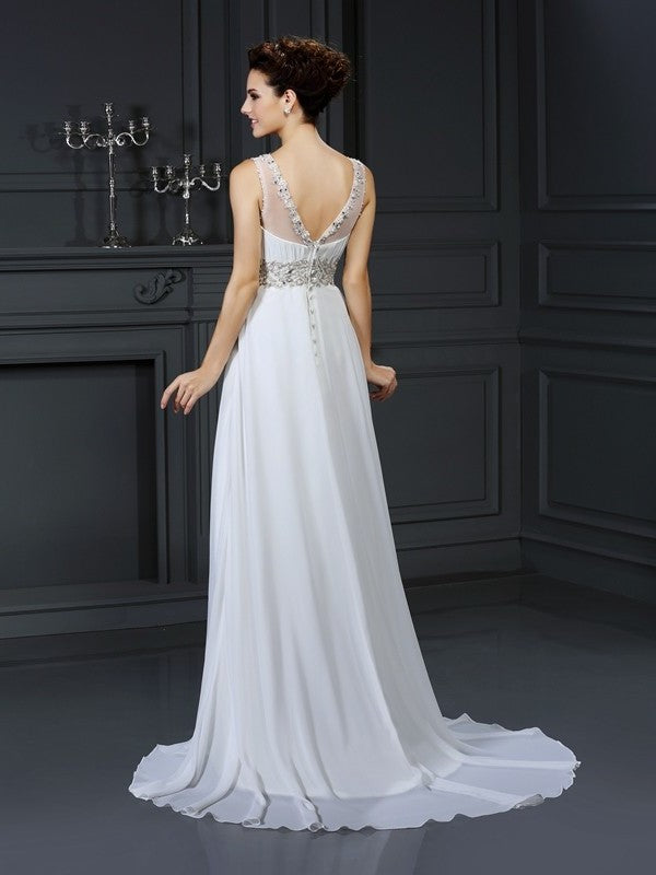 Bateau Ruffles Long Sleeveless A-Line/Princess Chiffon Wedding Dresses