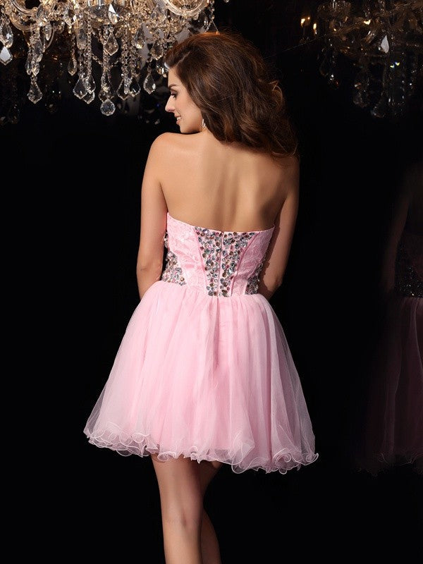 A-Line/Princess Sweetheart Homecoming Dresses Ruffles Sleeveless Quintina Short Elastic Woven Satin Cocktail Dresses