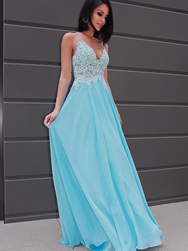 Sleeveless V-neck Chiffon Applique A-Line/Princess Sweep/Brush Train Dresses