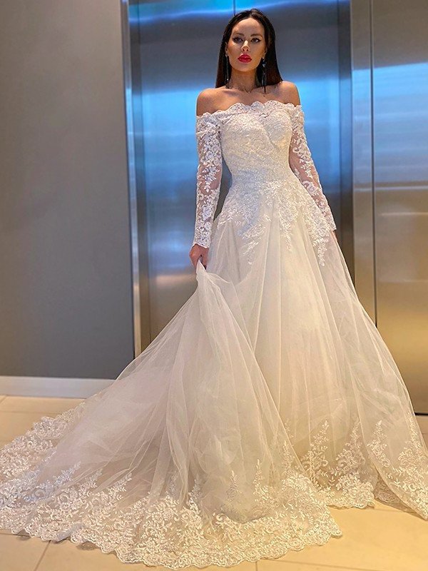 Sweep/Brush Applique Long Sleeves Lace A-Line/Princess Off-the-Shoulder Train Wedding Dresses