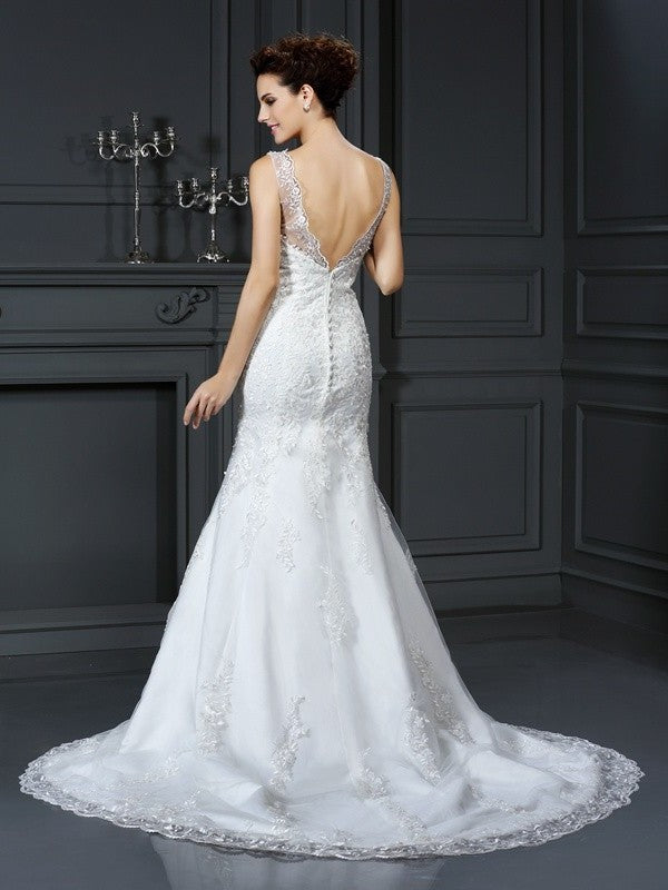 Sheath/Column Long Sleeveless Bateau Lace Satin Wedding Dresses