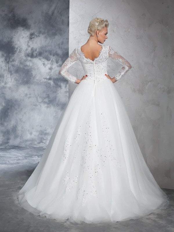 Ball Sleeves Long Bateau Gown Lace Long Net Wedding Dresses