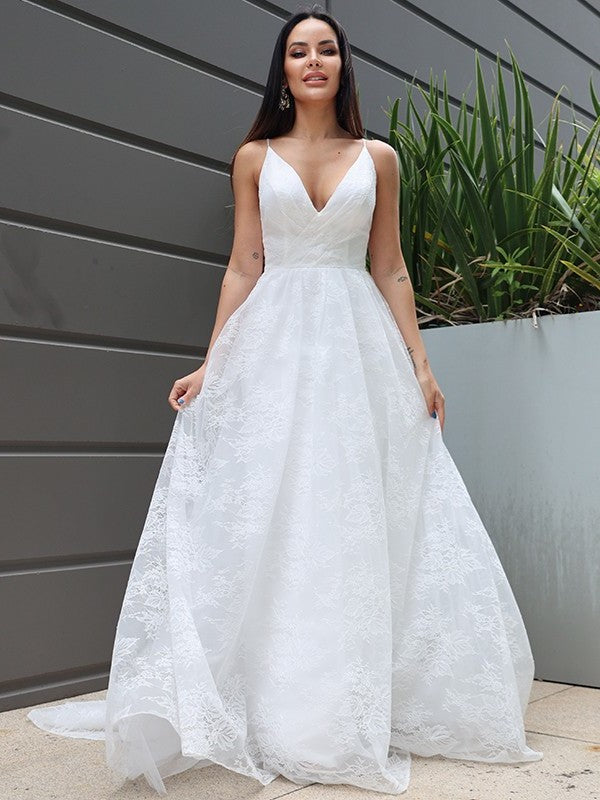 A-Line/Princess Lace Ruched Sweep/Brush V-neck Sleeveless Train Wedding Dresses