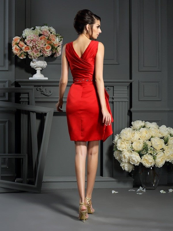 Sheath/Column of V-neck Satin Short Sleeveless Ruched Mother the Bride Dresses