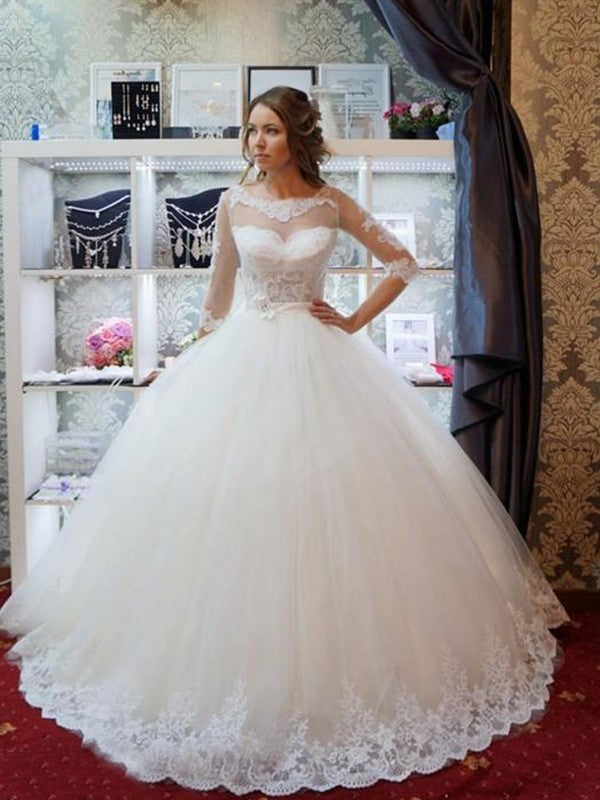 Sleeves Applique Gown Tulle 1/2 Scoop Ball Floor-Length Wedding Dresses