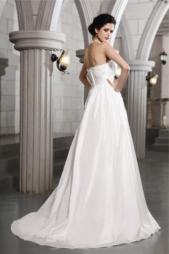 Sleeveless Applique Strapless Long Beading A-Line/Princess Taffeta Wedding Dresses