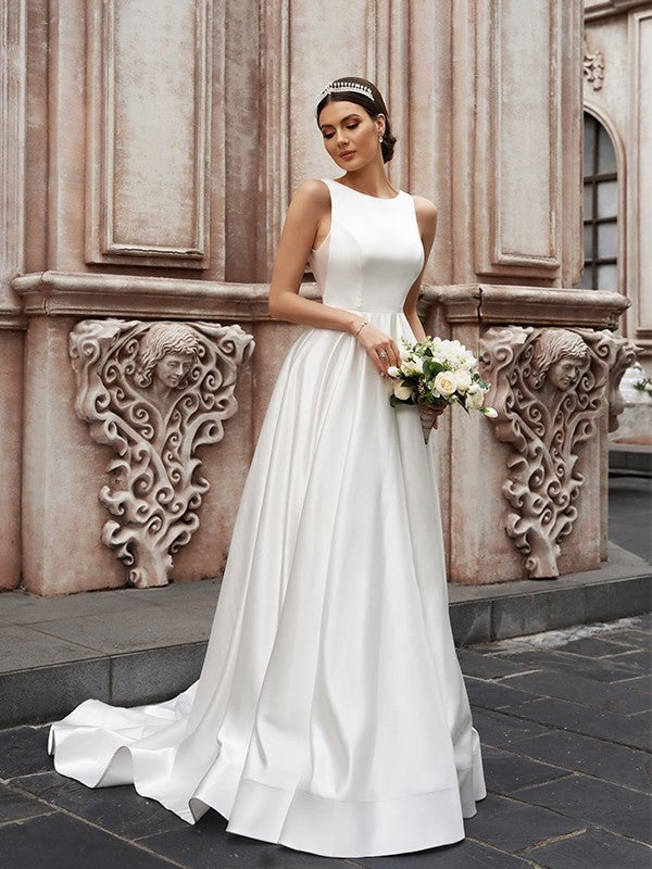 A-Line/Princess Ruffles Sleeveless Satin Scoop Sweep/Brush Train Wedding Dresses