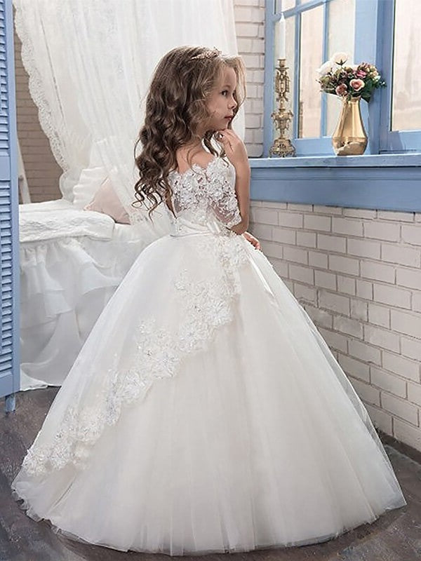 Off-the-Shoulder Applique Ball Floor-Length Gown Tulle Short Sleeves Flower Girl Dresses