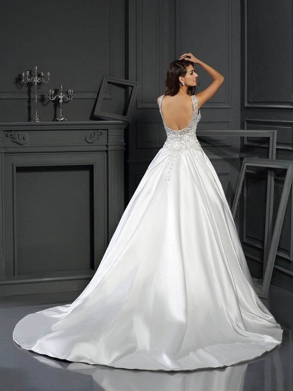 Scoop Sleeveless Ball Applique Gown Long Satin Wedding Dresses