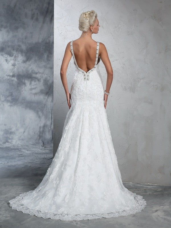 Long Sleeveless Trumpet/Mermaid Straps Spaghetti Lace Lace Wedding Dresses