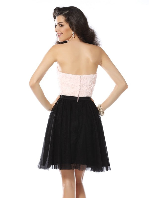 A-Line/Princess Strapless Sleeveless Short Homecoming Dresses Tulle Journey Cocktail Dresses