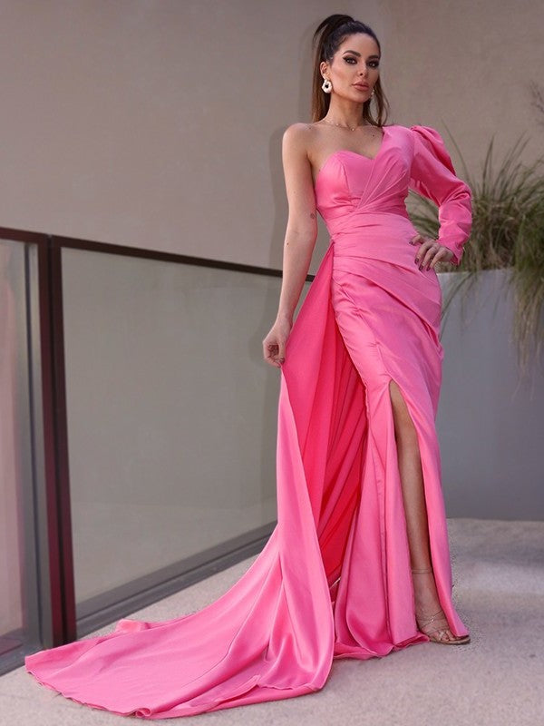 One-Shoulder Long Sleeves Ruched Sheath/Column Charmeuse Sweep/Brush Train Dresses