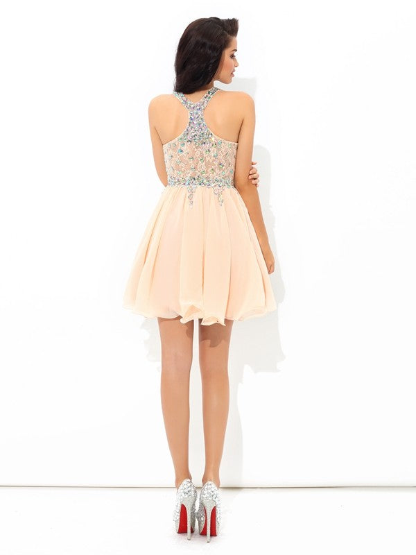 A-Line/Princess Cocktail Homecoming Dresses Chiffon Destiny Straps Rhinestone Sleeveless Short Dresses