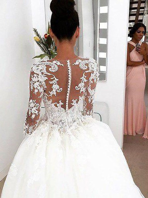 Train Ball Scoop Long Court Gown Sleeves Lace Wedding Dresses