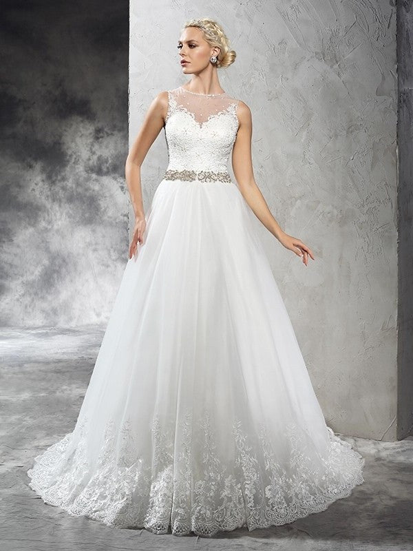 Sleeveless Neck Sheer A-Line/Princess Long Beading Net Wedding Dresses