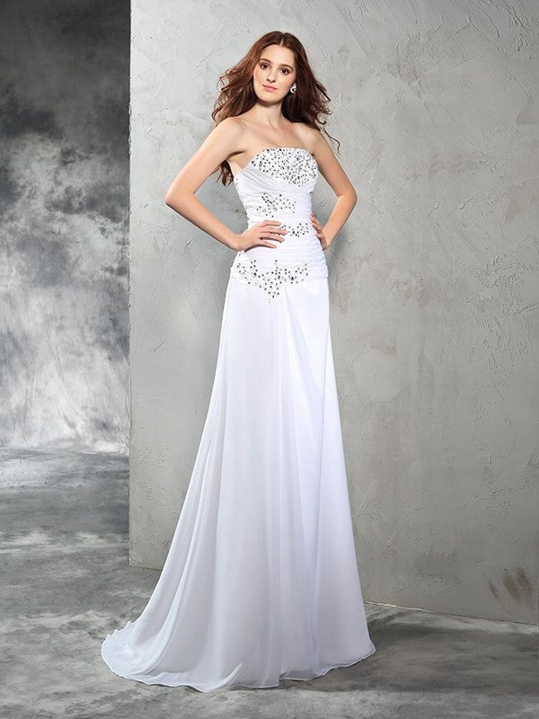 Long Strapless Beading Sleeveless Sheath/Column Chiffon Wedding Dresses