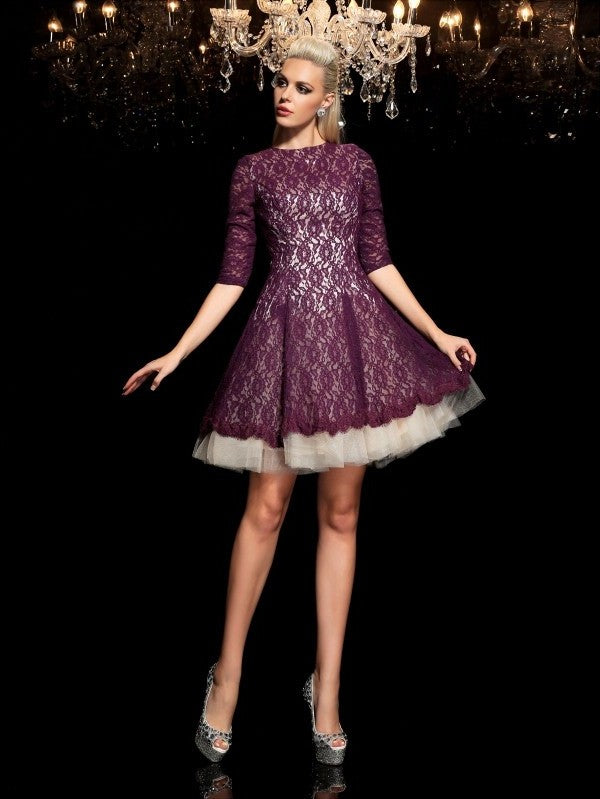 1/2 Lace Sleeves Neck Short A-Line/Princess Sheer Lace Cocktail Dresses