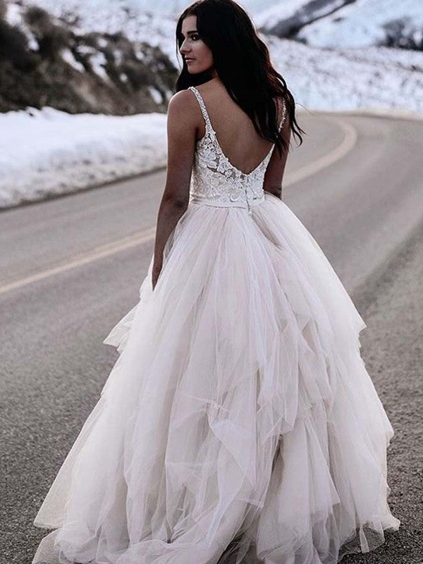 A-Line/Princess Tulle V-neck Ruched Sleeveless Floor-Length Wedding Dresses