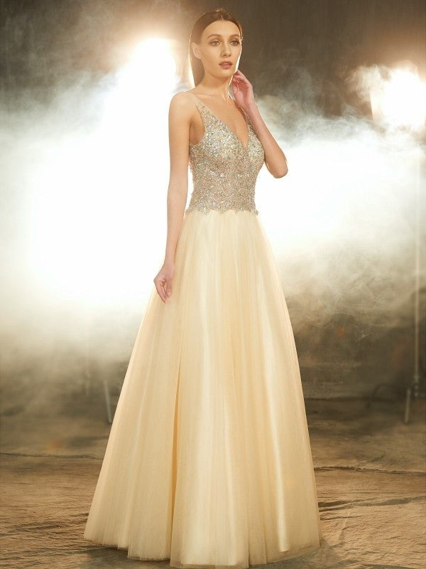 Ball Gown V-neck Sleeveless Beading Floor-length Tulle Dresses