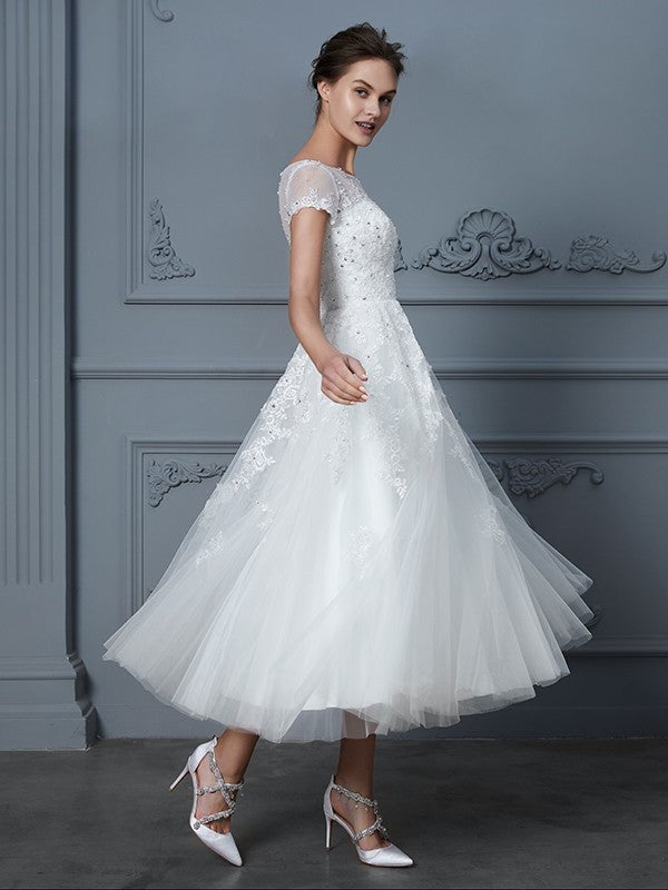 Tea-Length Scoop Short A-Line/Princess Sleeves Beading Tulle Wedding Dresses