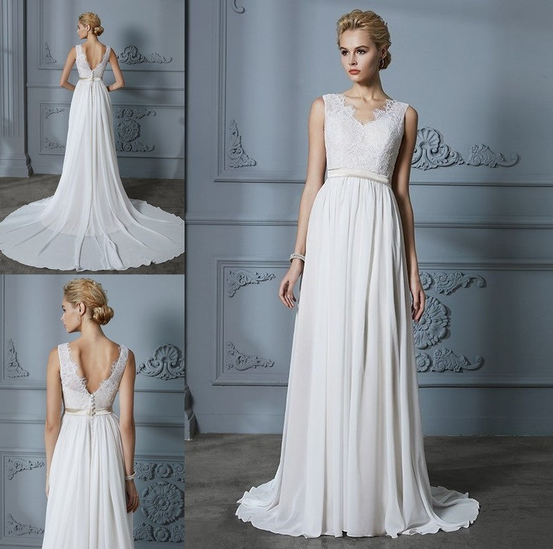 A-Line/Princess Chiffon Sleeveless V-neck Court Train Wedding Dresses