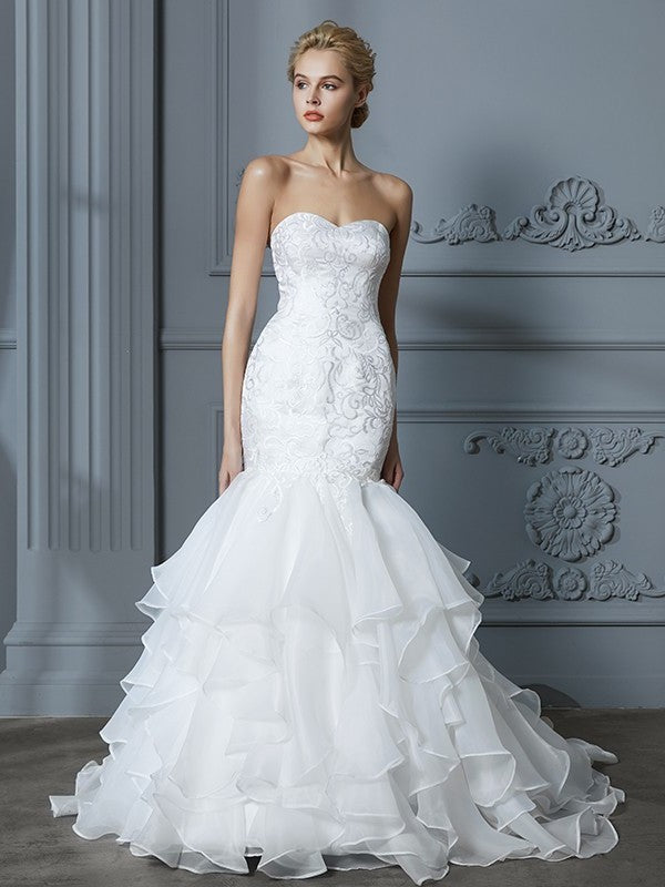 Sweep/Brush Train Ruffles Sweetheart Sleeveless Trumpet/Mermaid Organza Wedding Dresses